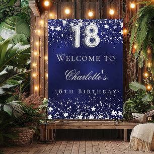 Affiche 18e anniversaire bleu argent étoiles bienvenue