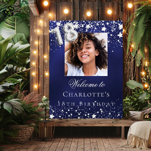 Affiche 18e anniversaire bleu argent étoiles photo bienven