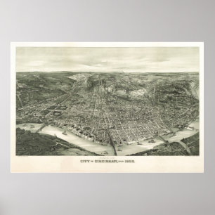 Affiche 1900 Cincinnati, OH Oiseaux Vue panoramique Carte