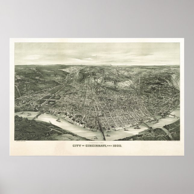 Affiche 1900 Cincinnati, OH Oiseaux Vue panoramique Carte (Devant)