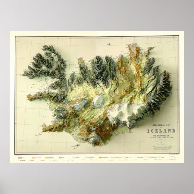 Affiche 1901 Islande Carte géologique 3D numériquement ren (Devant)