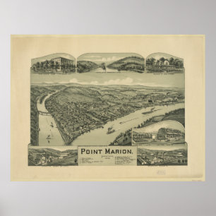 Affiche 1902 Point Marion, PA Oiseaux Vue panoramique Cart