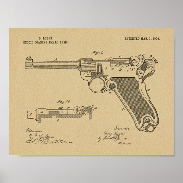 Affiche 1904 Luger Gun Brevet Dessin d'art Imprimer (Devant)