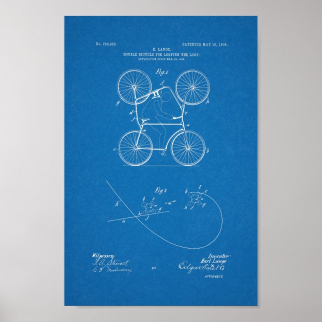 Affiche 1905 Vintage Brevet à deux vélos Blueprint Art (Devant)