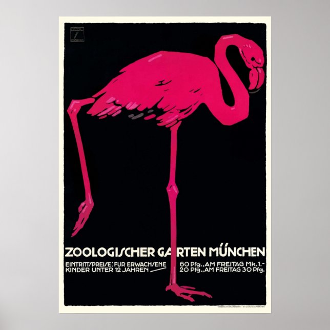 Affiche 1912 Ludwig Hohlwein Flamant rose Zoo de Munich (Devant)