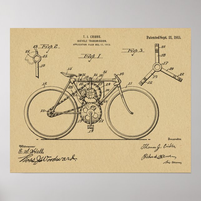 Affiche 1915 Bicycle Transmission Design Brevet Art Imprim (Devant)