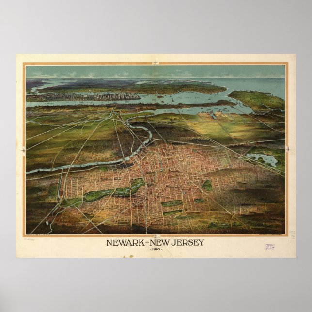 Affiche 1916 Newark, NJ Birds Eye View Panoramic Map (Devant)