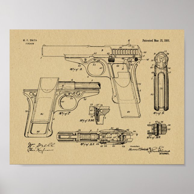 Affiche 1916 Smith Gun Brevet Dessin d'art Imprimer (Devant)