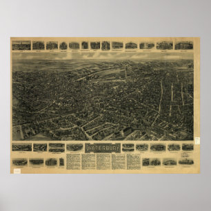Affiche 1917 Waterbury CT Oiseaux Vue panoramique Carte
