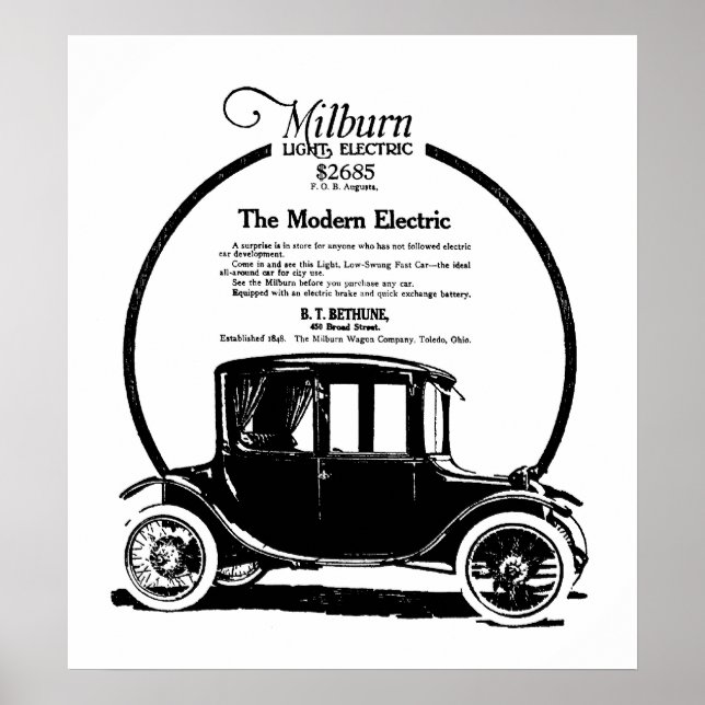 Affiche 1919 Milburn Electric Voiture vintage et impressio (Devant)