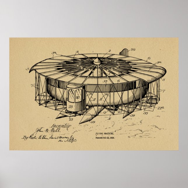 Affiche 1920 Machine à voler Avion Brevet d'Art Dessin (Devant)