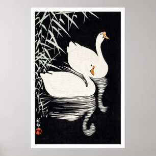 Affiche 1928 Ohara Koson Oies Chinoises Blanches Nageant 