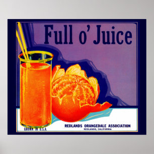 Affiche 1930 Plein o’ étiquette de caisse orange de jus