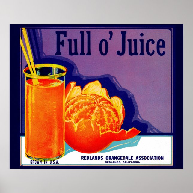 Affiche 1930 Plein o’ étiquette de caisse orange de jus (Devant)