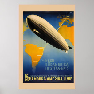 Affiche 1937 Graf Zeppelin Hambourg Amérique Vintage