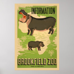 Affiche 1937 Voyez l'Hippopotame au zoo de Brookfield à Ch