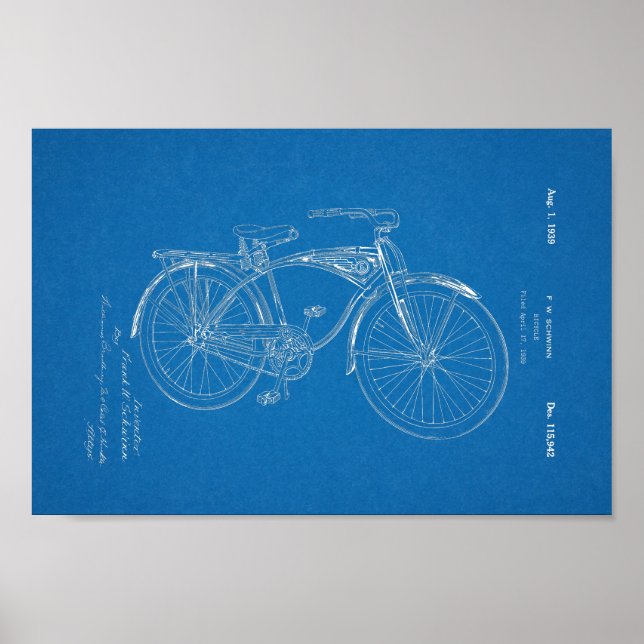 Affiche 1942 Vintage Schwinn Bicycle Brevet Blueprint Art (Devant)