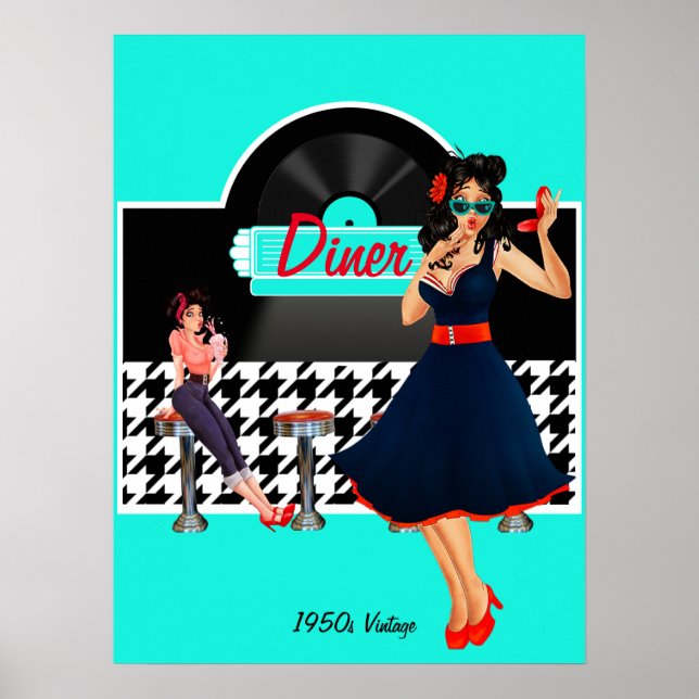 Affiche 1950 Diner turquoise noir & blanc à damiers rétro (Devant)