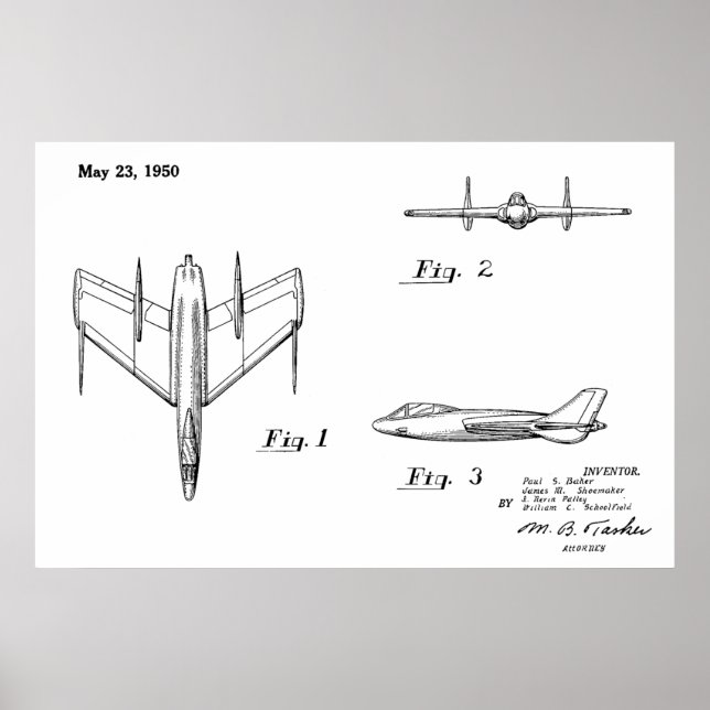 Affiche 1950 Jet Airplane Patent Drawing Art Print (Devant)