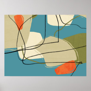 Affiche 1950 Mid Century Moderne Abstrait Bleu et beige