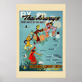Affiche 1950s See Thailand via Thai Airways Vintage Style
