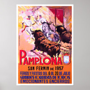 Affiche 1957 Pampelune Espagne voyage vintage