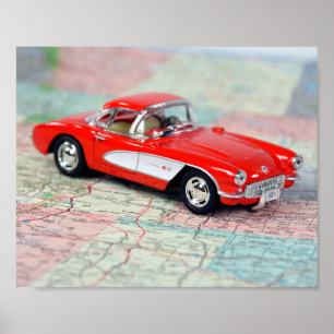 Affiche 1957 retro Corvette on map