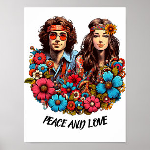 Affiche 1960 Hippie Couple enfant à fleurs Peace & Love ar