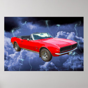 Affiche 1967 red Camaro Muscle Car and Lightning Bolts