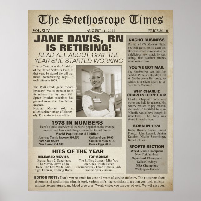 Affiche 1978 Stethoscope Times for Nurse Retirement Party (Devant)