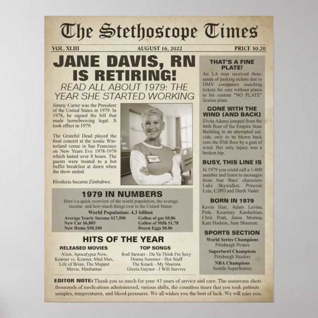 Affiche 1979 Stethoscope Times for Nurse Retirement Party (Devant)