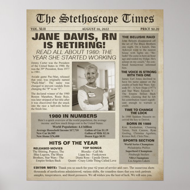 Affiche 1980 Stethoscope Times for Nurse Retirement Party (Devant)