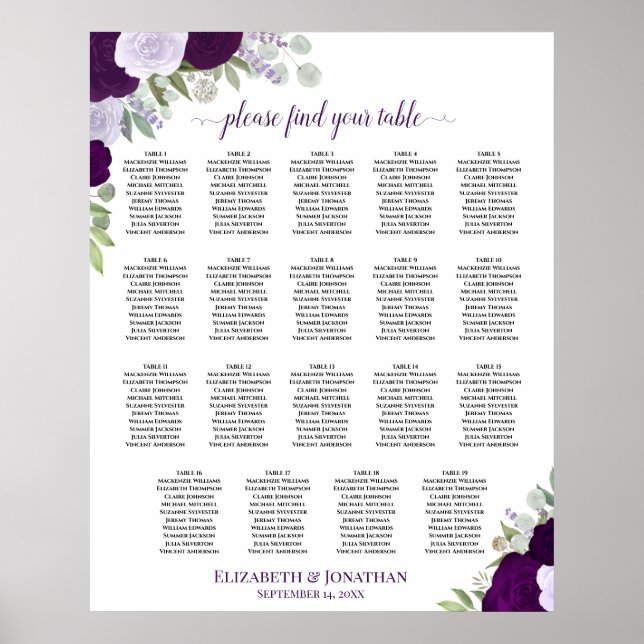 Affiche 19 Table Mariage Fleurs Violettes Chic Plan de Tab (Devant)