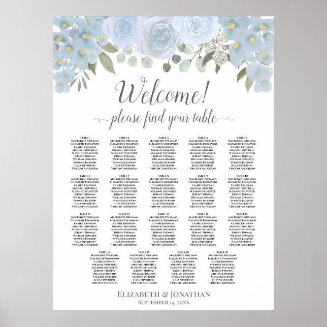 Affiche 19 Table Roses Bleu Poussiéreux Plan de Table Bohè (Devant)