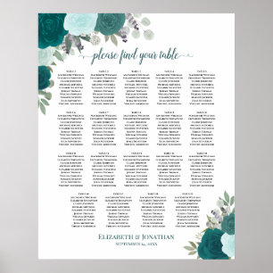 Affiche 19 Table Turquoise & Aqua Floral Plan de Table de