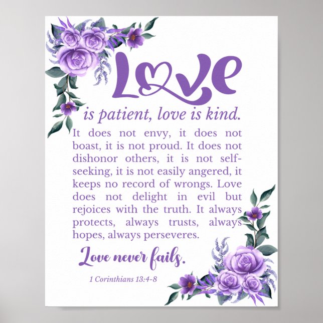 Affiche 1 Corinthiens 13:4-8 L'amour est Patient Purple Fl (Devant)
