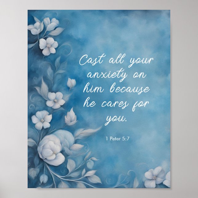 Affiche 1 Peter 5:7 “Cast All Your Anxiety” Blue Floral (Devant)