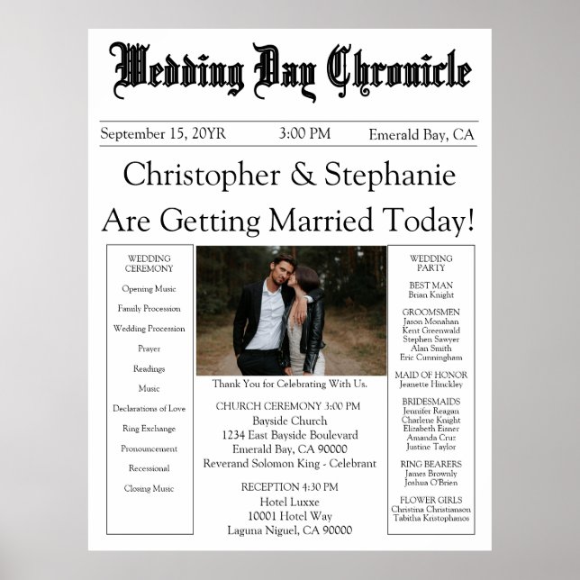 Affiche 1 Photo QR Code Elegant Newspaper Wedding Program (Devant)