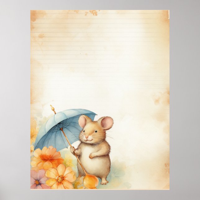 Affiche 1 Souris avec parapluie bleu orange fleurs roses (Devant)