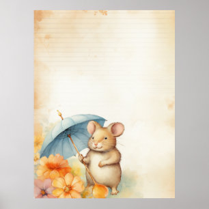Affiche 1 Souris avec parapluie bleu orange fleurs roses