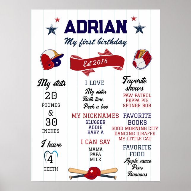 Affiche 1er anniversaire Jalon de baseball (Devant)