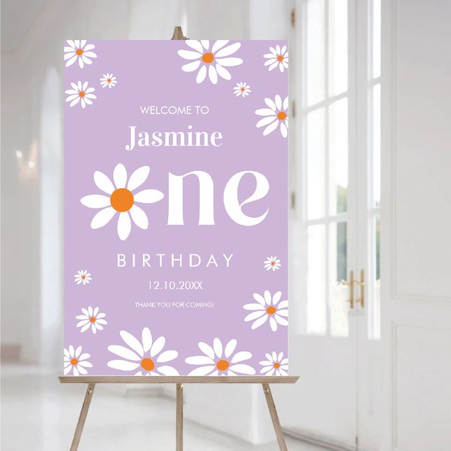 Affiche 1er anniversaire Lavender Super Daisy Florals bien (1st Birthday Lavender Groovy Daisy Florals welcome Poster)