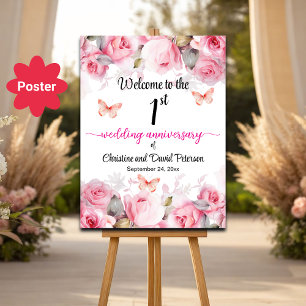 Affiche 1er anniversaire Mariage Blush Roses Bienvenue