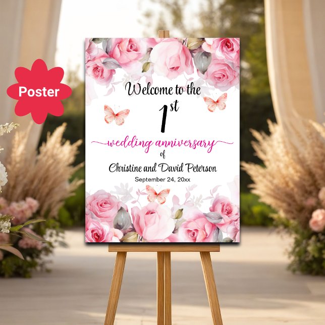 Affiche 1er anniversaire Mariage Blush Roses Bienvenue (Créateur téléchargé)