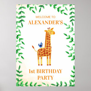 Affiche 1er anniversaire mignonne Giraffe & Bird Whimsical