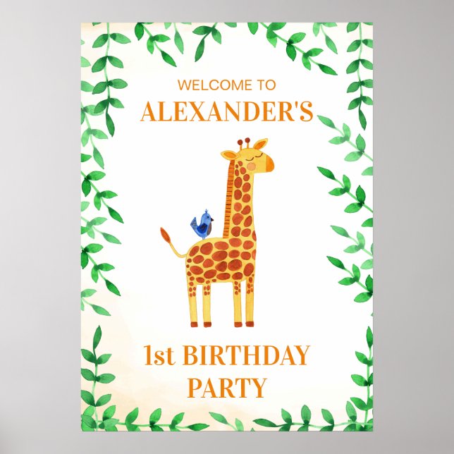 Affiche 1er anniversaire mignonne Giraffe & Bird Whimsical (Devant)