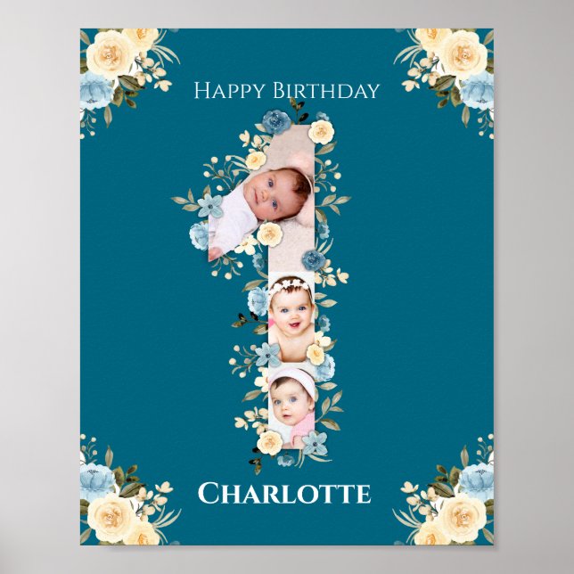 Affiche 1er anniversaire Photo Turquoise Collage bleu jaun (Devant)