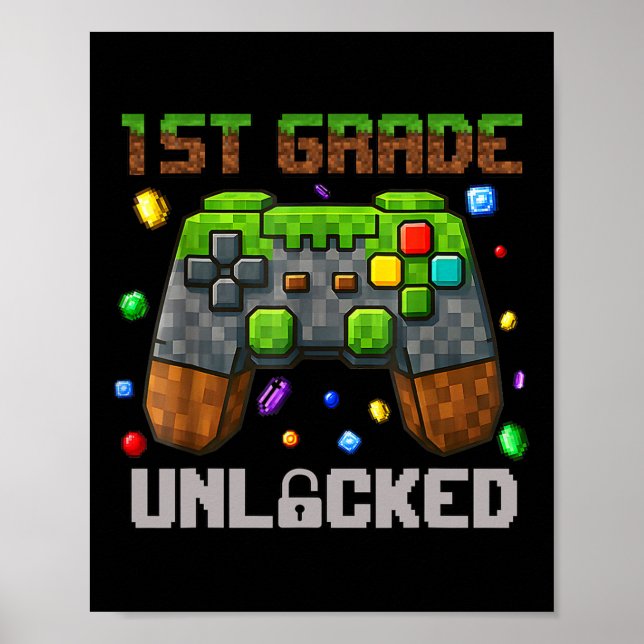 Affiche 1er niveau Gamer déverrouillé Pixel Premier jour d (Devant)