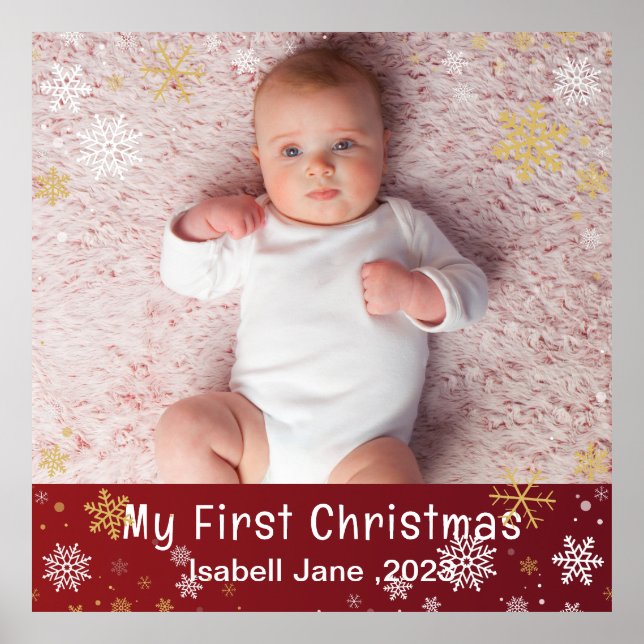 Affiche 1er Noël Photo moderne Bébé Snowflakes blanc (Devant)
