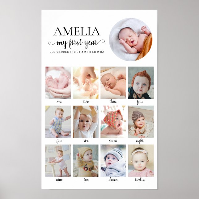 Affiche 1st Birthday Baby Milestone 12 Months Custom Photo (Devant)